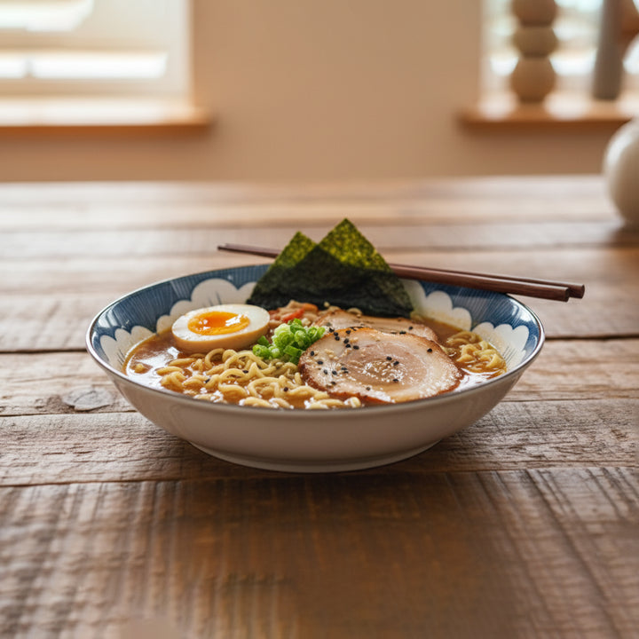 Bowl of ramen with a soft-boiled egg, sliced pork, and green onions on a wooden table.