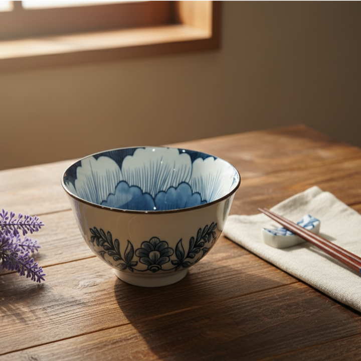 Ceramic bowl with blue floral design on a wooden table with chopsticks and a small container.