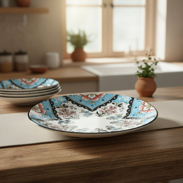 Decorative ceramic plate with floral pattern on a wooden table in a kitchen setting