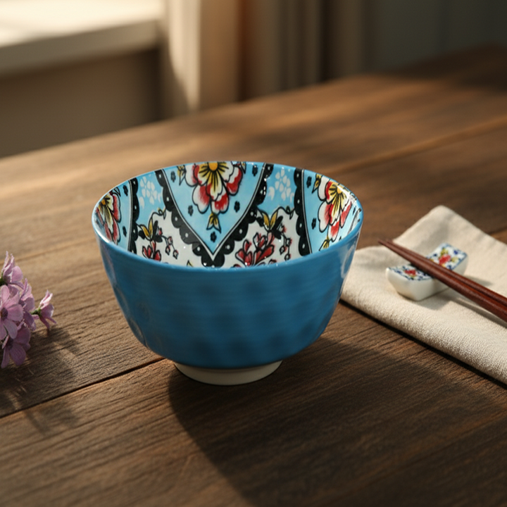 Blue ceramic bowl with floral pattern on a wooden table
