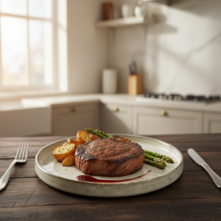 Steak with vegetables on a plate in a kitchen setting