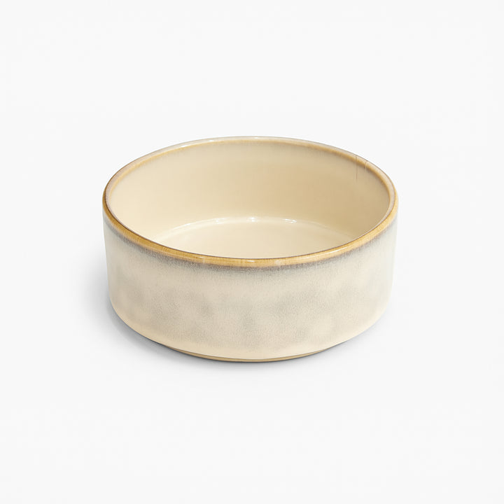 Beige ceramic bowl with gold rim on a white background