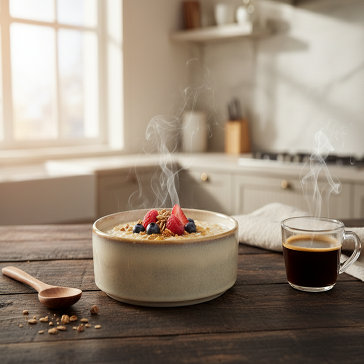 Bowl of oatmeal with fruit and a steaming cup of coffee on a wooden table in a kitchen.