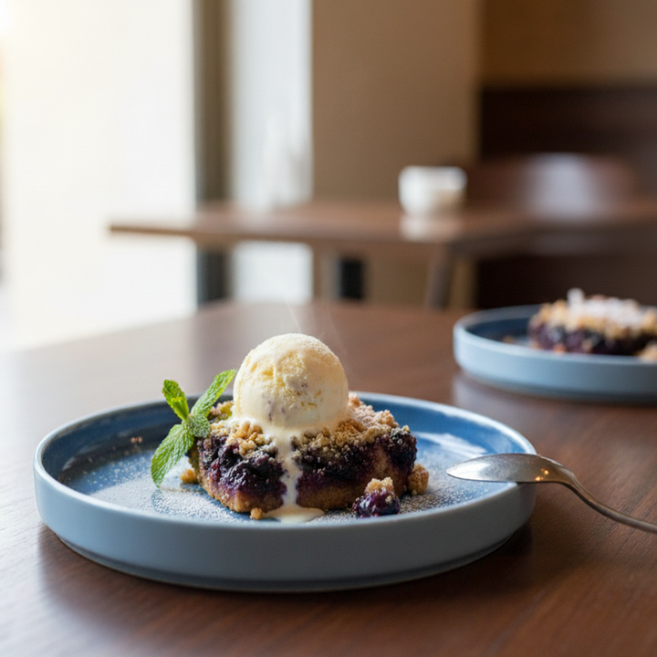 Blue plate with dessert and ice cream on a wooden table