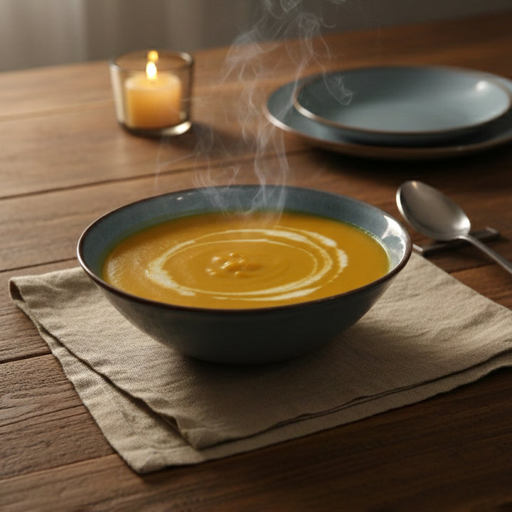Bowl of hot soup on a wooden table with a lit candle in the background