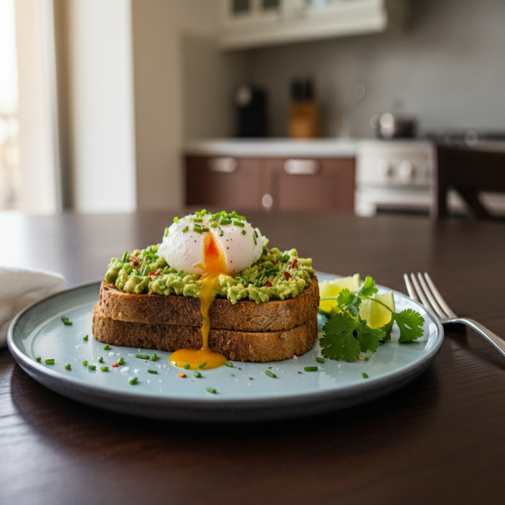 Avocado toast with poached eggs on a plate in a kitchen setting
