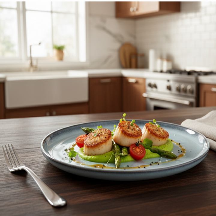Plated dish of scallops with vegetables on a kitchen counter
