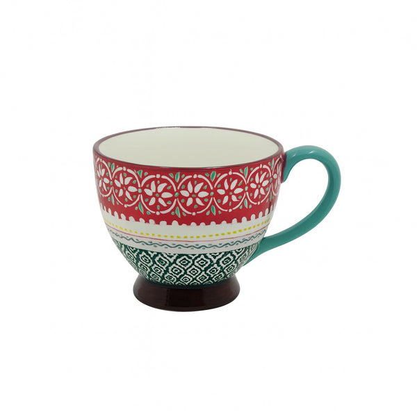 1514-15 Ceramic Mug – Red & Green Geometric Pattern Design with Teal Handle