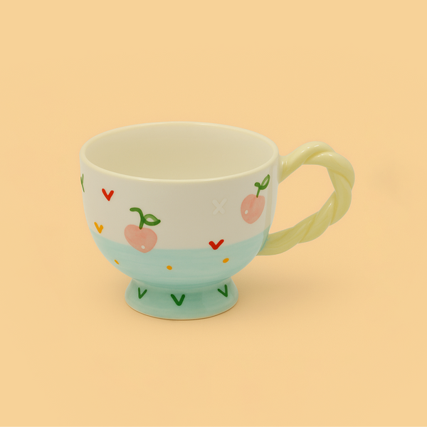 Ceramic Cup with Peach Pattern and Twisted Yellow Handle – 11cm (D) x 9cm (H) – 99561-08