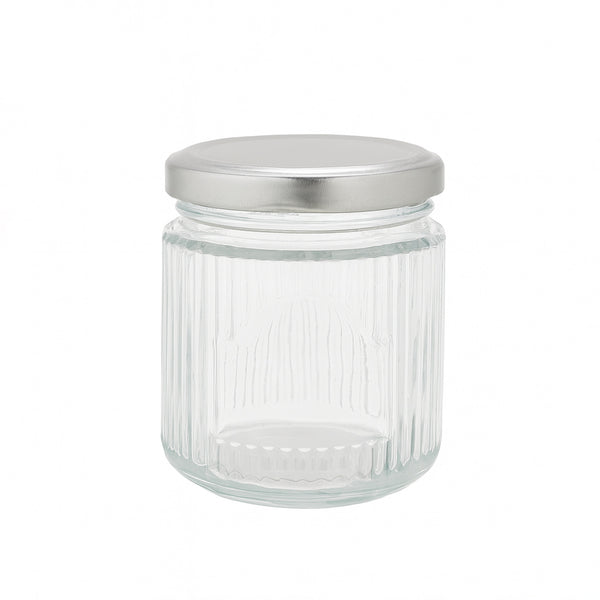 HMK10374 – Glass Storage Jar with Silver Lid – Ribbed Design