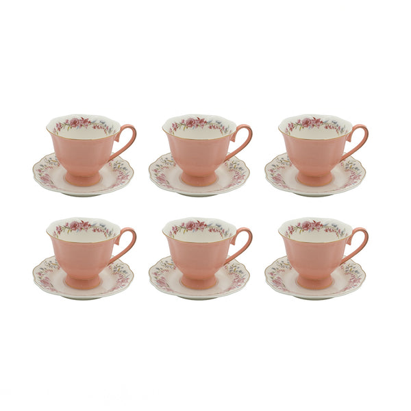 MA-18 Milk Cup & Saucer Set – 12-Piece – Pink Floral Design with Gold Rim