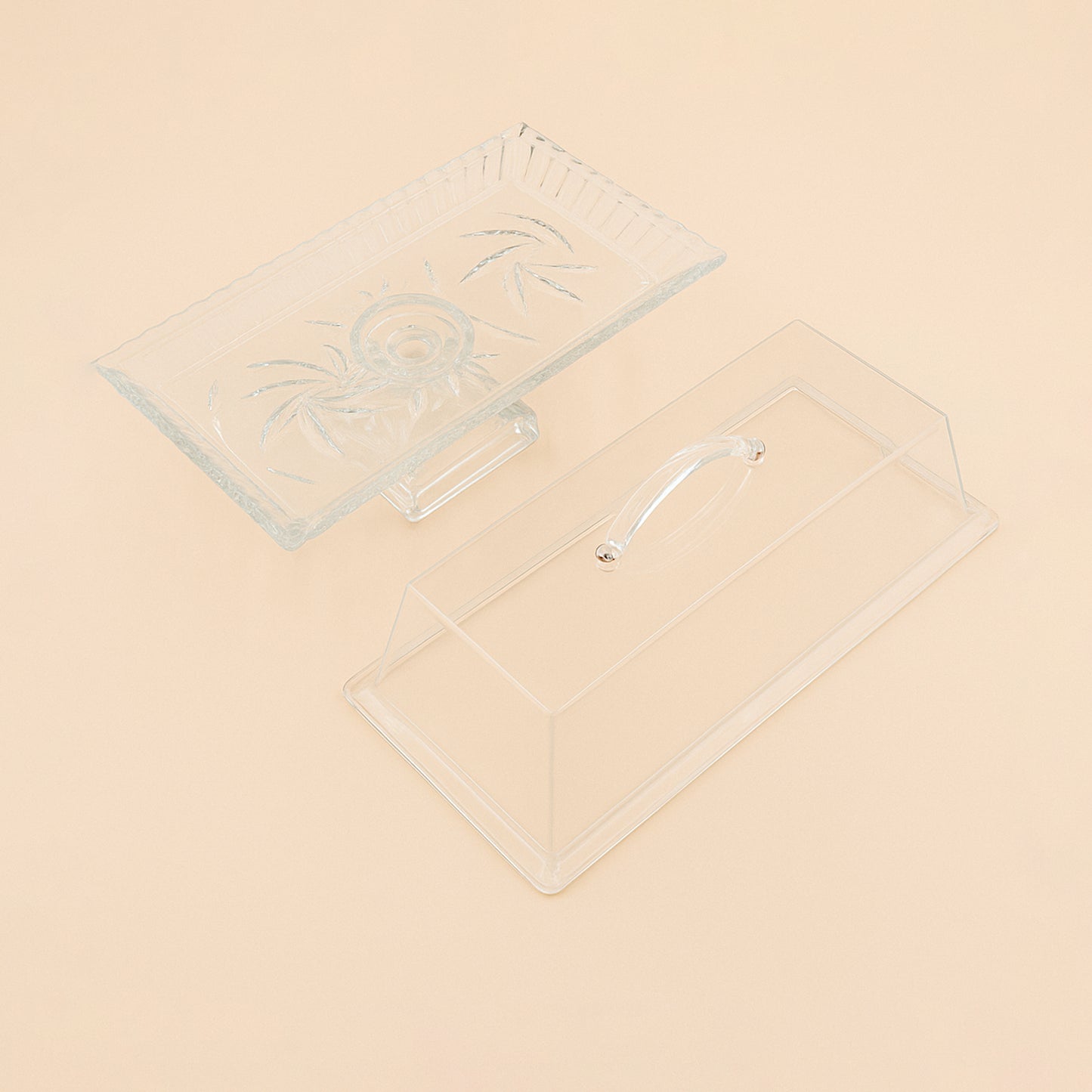 Glass Tray with Leg and Acrylic Lid – 34 cm (W) x 17 cm (L) – PL-833E