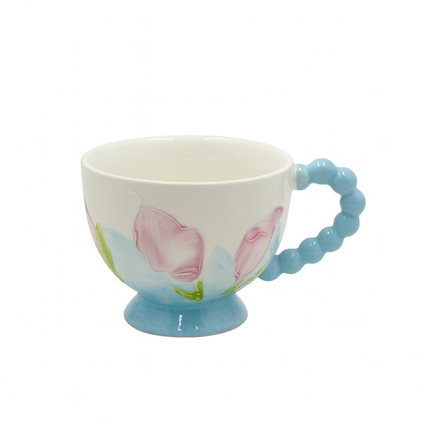 1515-18 Ceramic Mug – Pastel Floral Design with Beaded Blue Handle