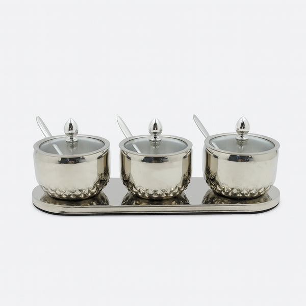 KK397 – Stainless Steel 3-Piece Spice Jar Set with Tray