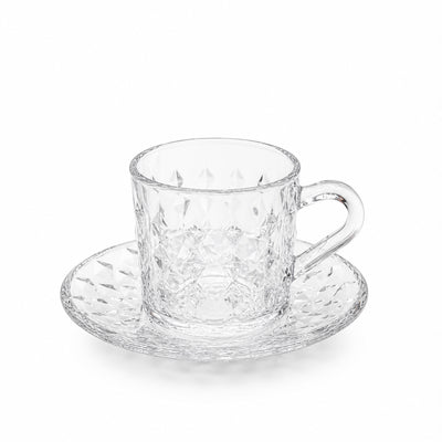 VR-CF010S12 Glass Tea Cup with Saucer Set – 12 Pieces – Clear Glass with Pattern Design