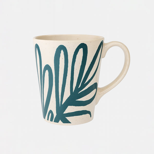VS1823 – Ceramic Mug – Speckled Ivory with Bold Teal Abstract Leaf Design