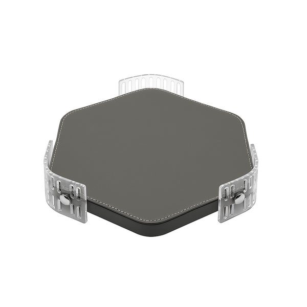 TR0037 – Acrylic Hexagon Tray with Leather Base – 30cm – Silver