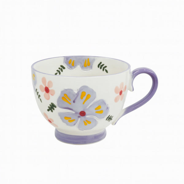 1514-06 Ceramic Mug – 450ml –  Floral Design with Purple Handle