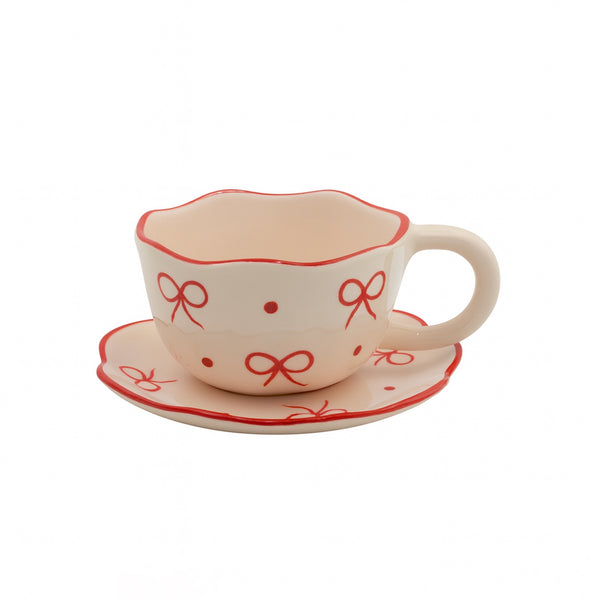 1518-12 Ceramic Mug & Saucer –  Red Bow Design with Scalloped Edge