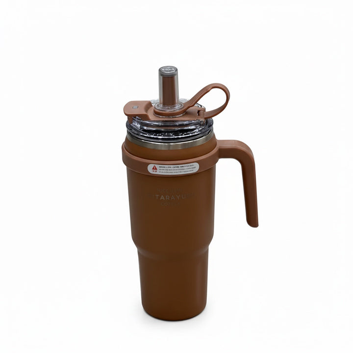 Brown insulated mug with handle on a white background