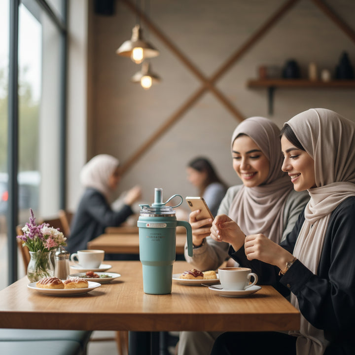 Two women in hijabs sitting at a table in a cafe, looking at a phone together.