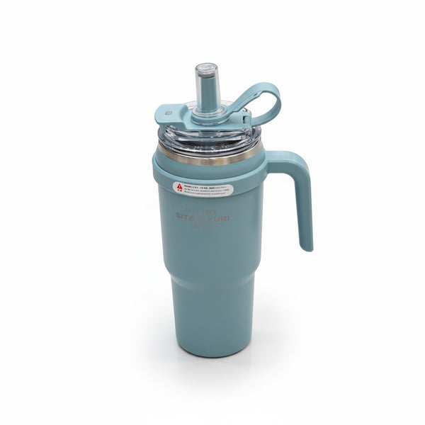 Teal insulated tumbler with handle and straw lid on a white background