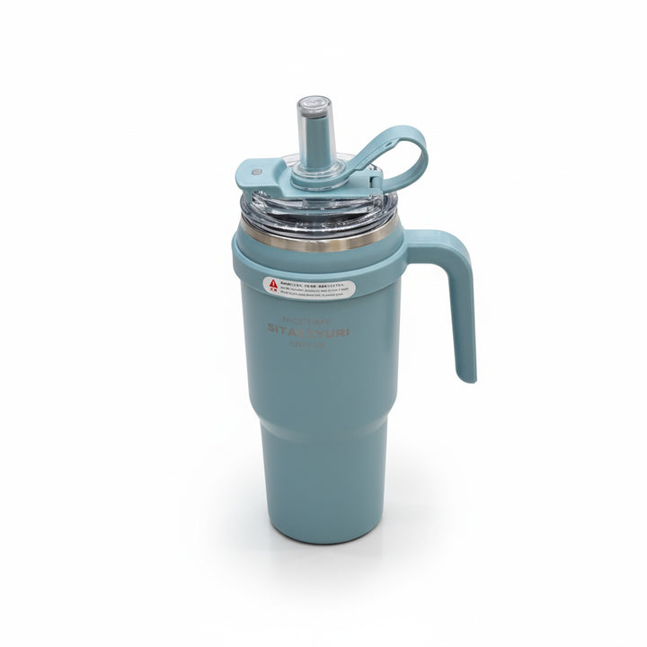 Teal insulated tumbler with handle and straw lid on a white background