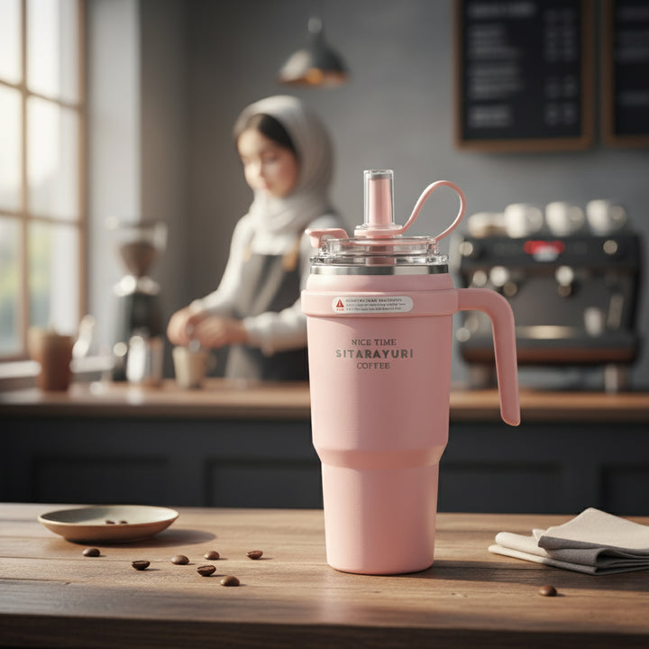 Pink coffee tumbler with a handle on a wooden table in a kitchen setting.