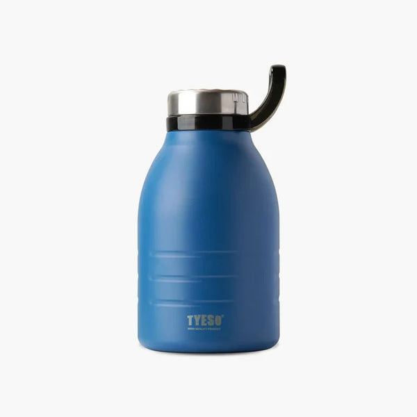 Blue insulated bottle with black lid on a white background