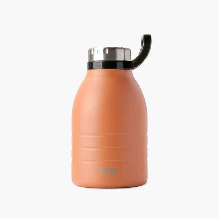 Coral-colored insulated bottle with a black lid on a white background