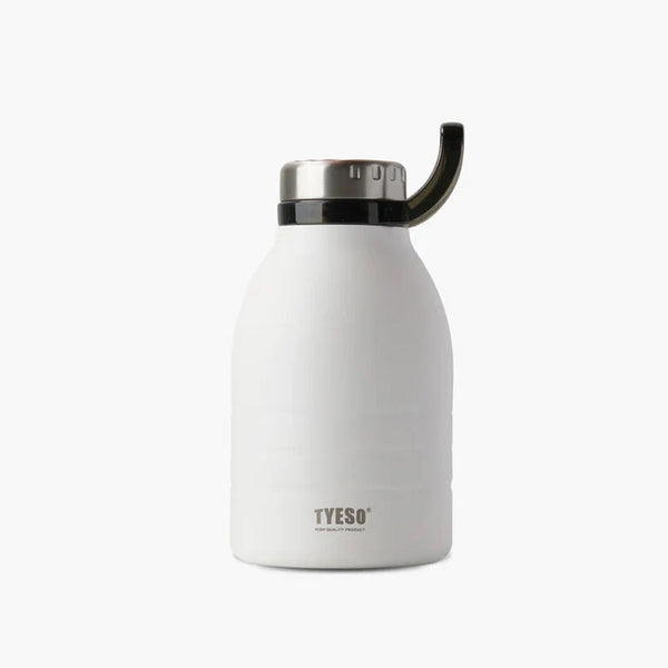 White insulated bottle with black lid on a white background