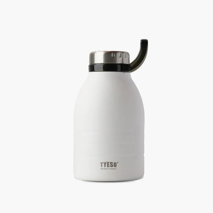 White insulated bottle with black lid on a white background