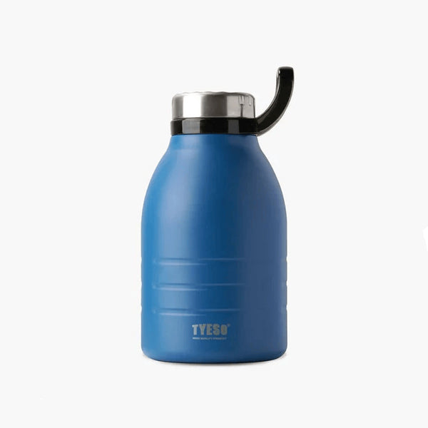 Blue insulated bottle with black lid on a white background