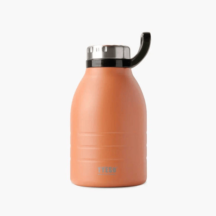 Orange water bottle with black lid on a white background