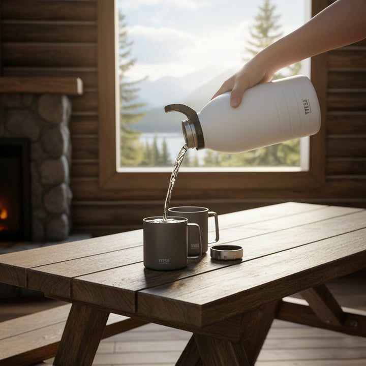 Person pouring liquid from a white thermos into two mugs on a wooden table with a scenic background.