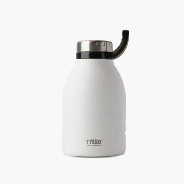 White insulated bottle with black lid on a white background
