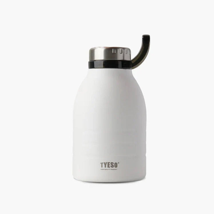 White insulated bottle with black lid on a white background