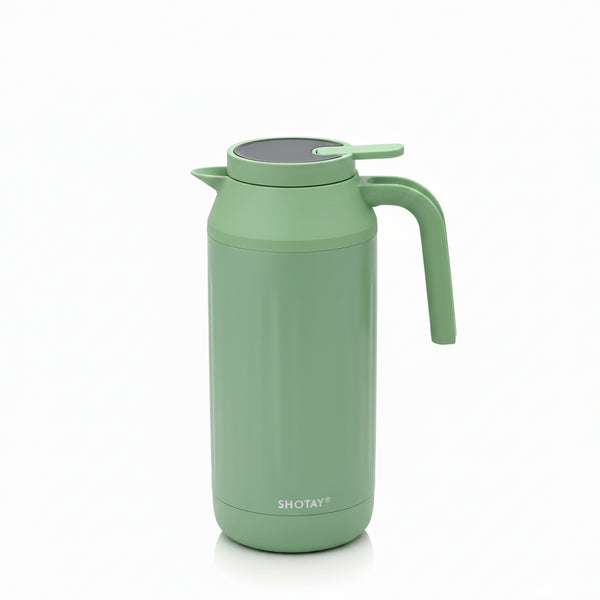 Green thermos with a handle on a white background
