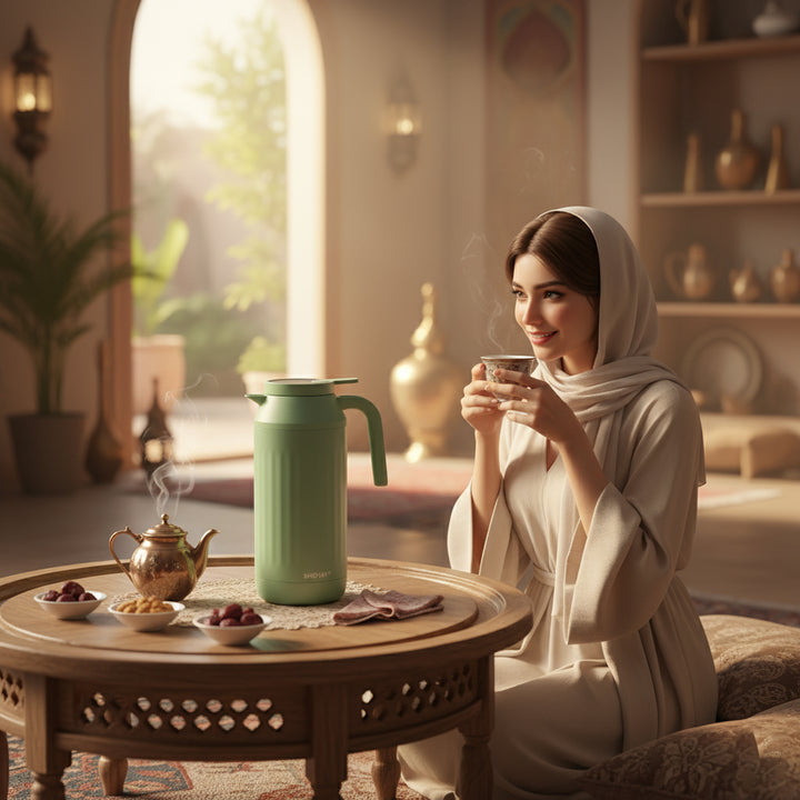Woman in a hijab sitting in a cozy room with a green thermos and tea cup.