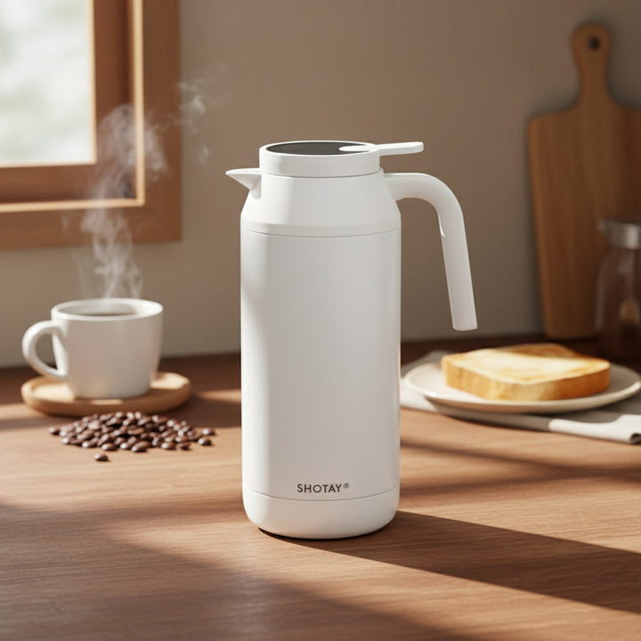 White SHOTAY thermos on a wooden table with coffee and toast in the background