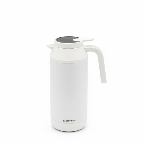 White thermos with a handle on a white background
