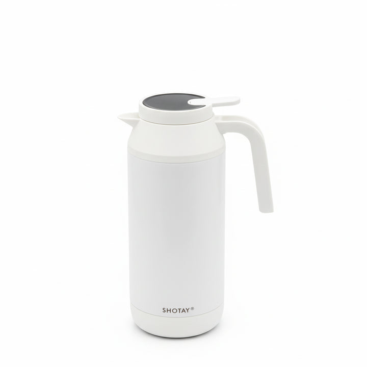 White thermos with a handle on a white background