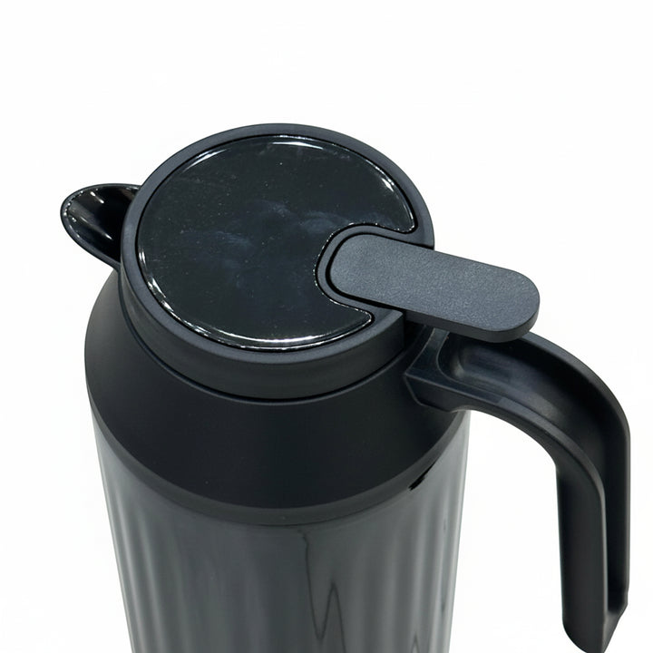 Black thermos with a handle on a white background