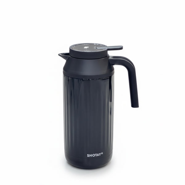 Black thermal carafe with a handle on a white background