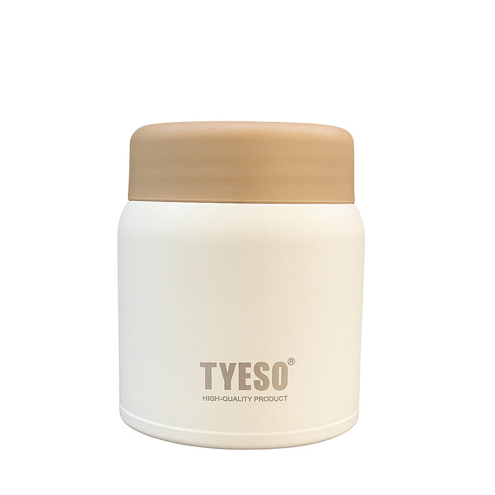 White thermos with a beige lid on a white background, featuring the brand 'TYESO'.