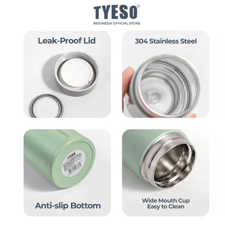 TYESO stainless steel cup features with leak-proof lid, 304 stainless steel, anti-slip bottom, and wide mouth design.