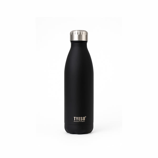 Black insulated bottle with silver cap on a white background