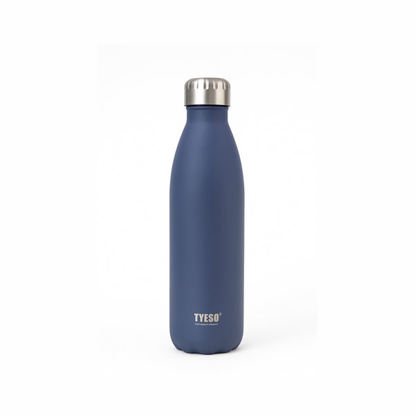 Blue water bottle with silver cap on a white background