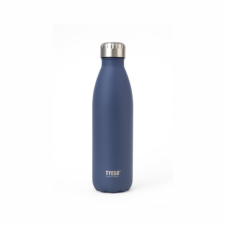 Blue water bottle with silver cap on a white background