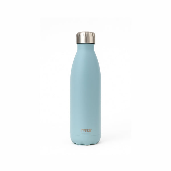 Light blue water bottle with silver cap on a white background